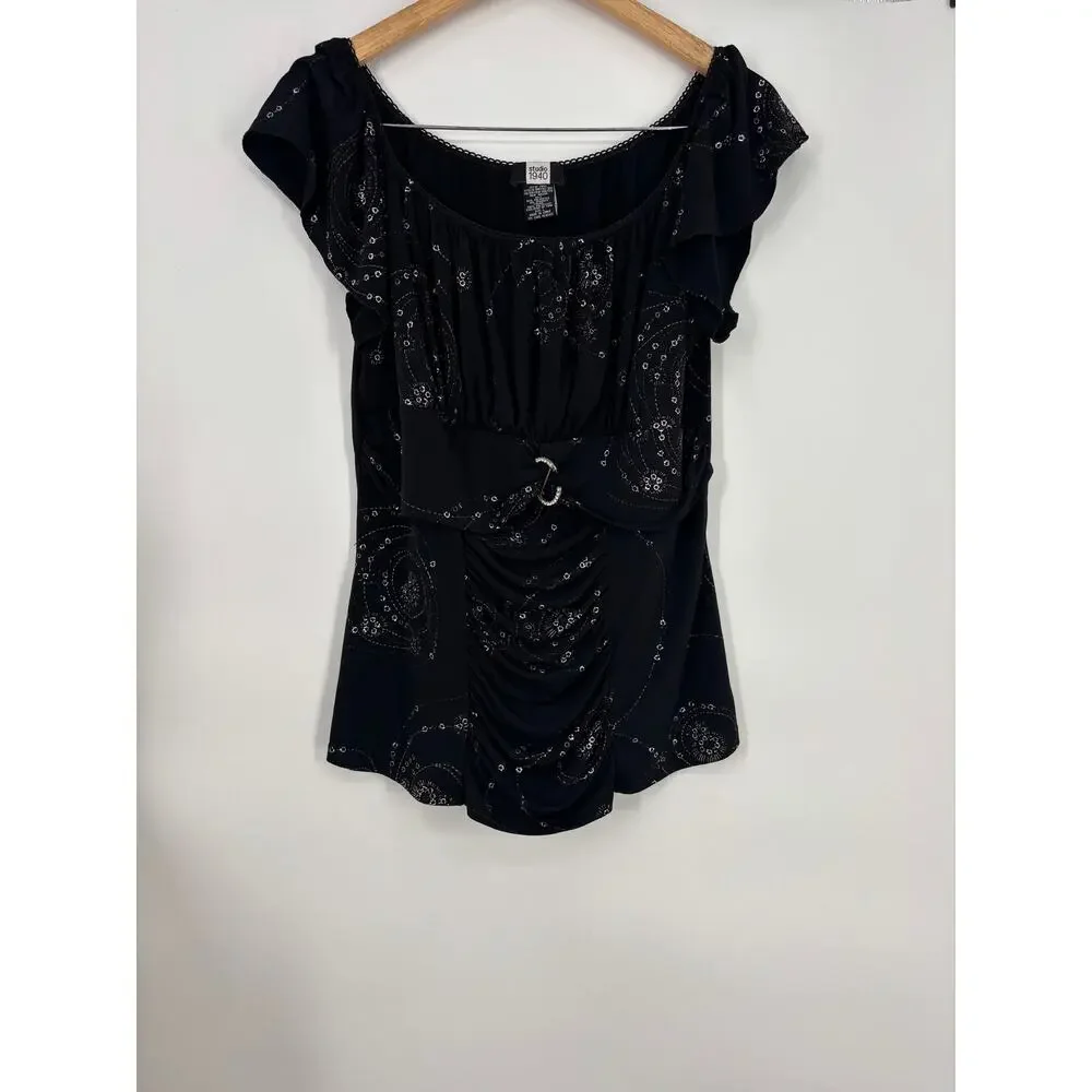 Studio 1940 Blouse Ruched Embellished Rhinestone Stretch Top Black‎ Size Large